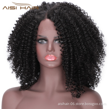 Aisi Hair Medium Long Afro Kinky Curly Wig Lace Frontal Natural Black Wig Synthetic Fluffy Lace Front Hair Wigs For Black Women